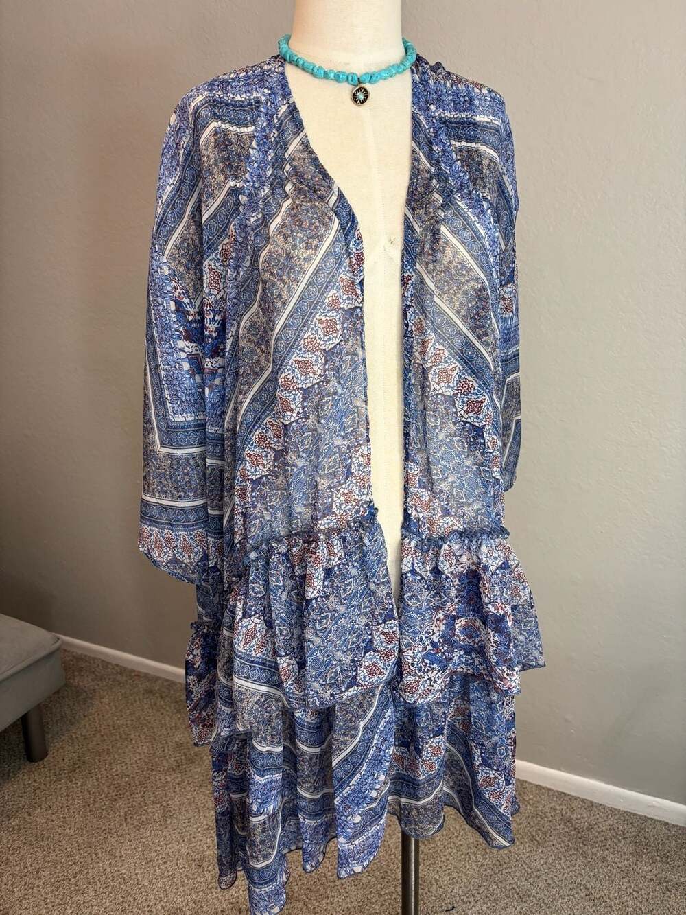 Abercrombie & Fitch Blue Paisley Print Sheer Tiered Kimono - Picture 3 of 8